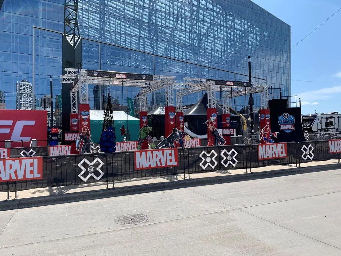Mobile ninja course outside a stadium at an X Games event